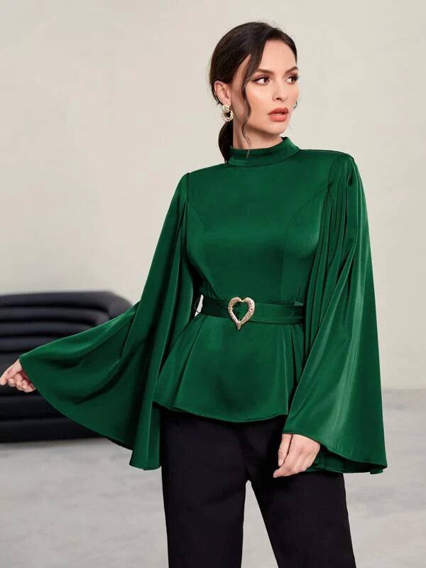 CM-TS194601 Women Elegant Seoul Style Mock Neck Trumpet Sleeve Belted Satin Blouse