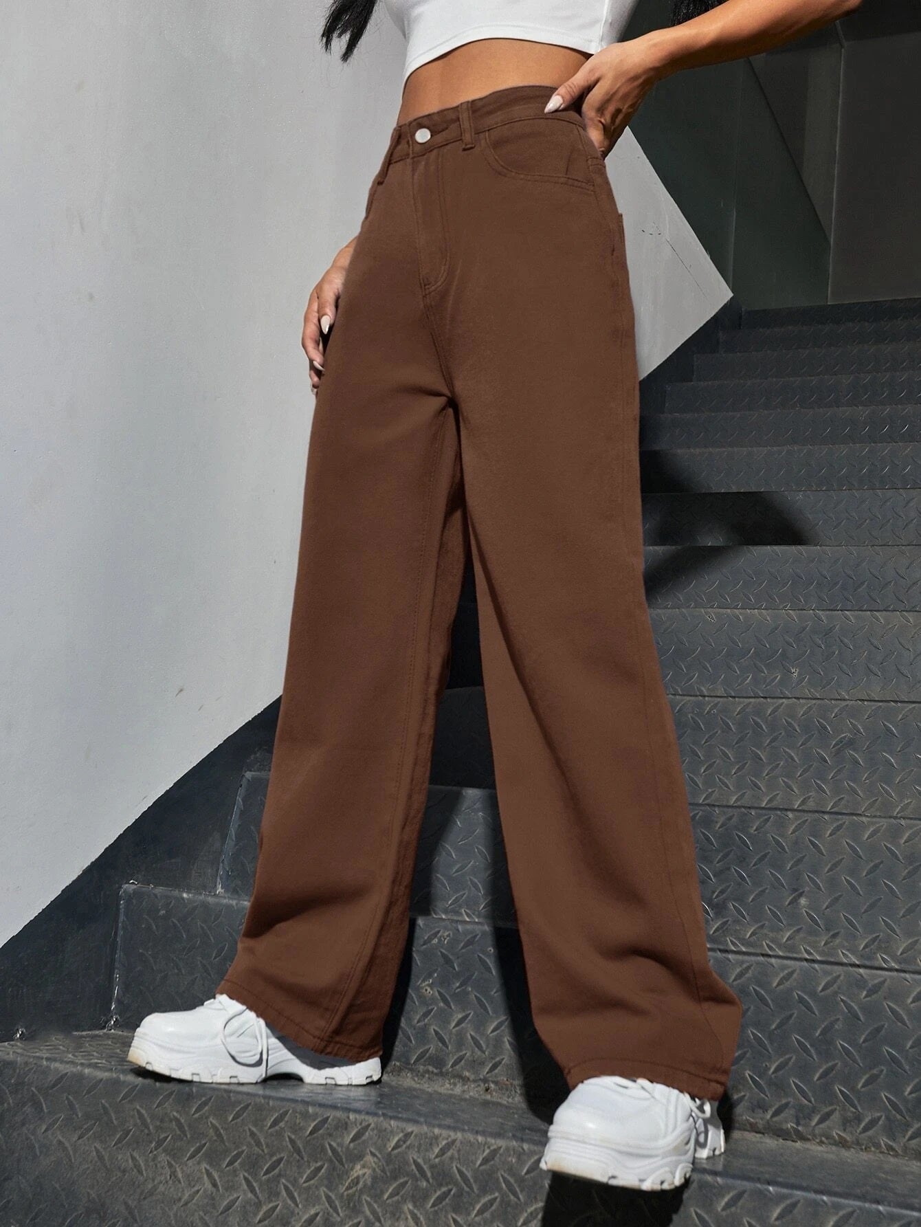 CM-BS617510 Women Preppy Seoul Style Slant Pocket High Waist Boyfriend Jeans - Brown