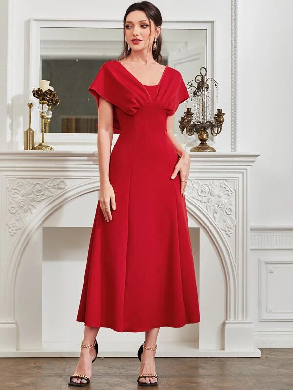CM-DS481444 Women Elegant Seoul Style Solid Fold Pleated Detail A-Line Dress - Red