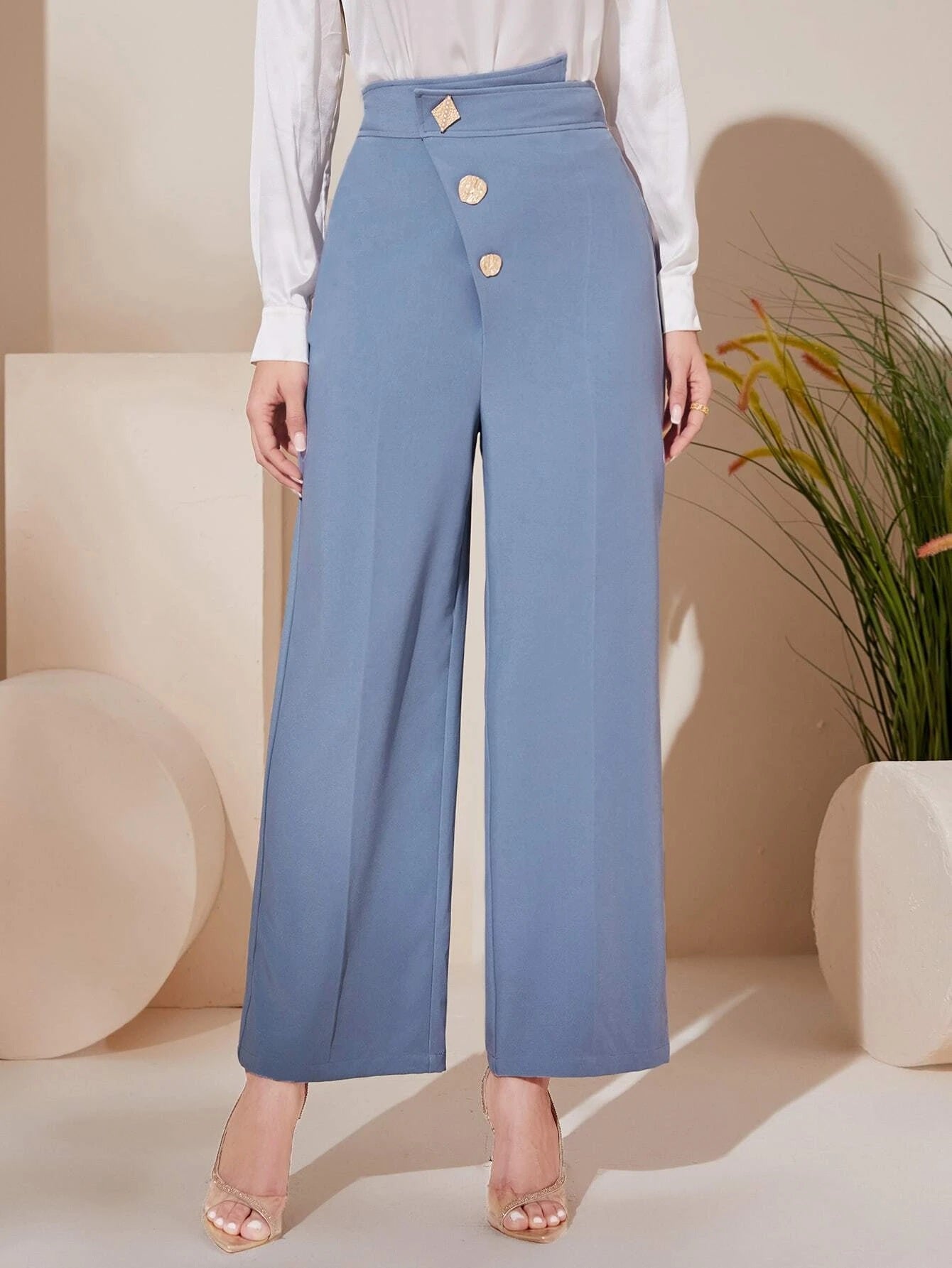 CM-BS441225 Women Elegant Seoul Style Asymmetrical Waist Button Front Wide Leg Pants