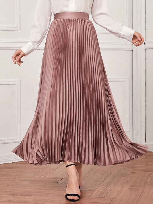 CM-BS917012 Women Elegant Seoul Style Solid High Waist Pleated Satin Skirt - Dusty Pink