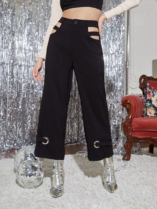CM-BS969919 Women Elegant Seoul Style High Waist Cut Out Loose Cropped Pants - Black