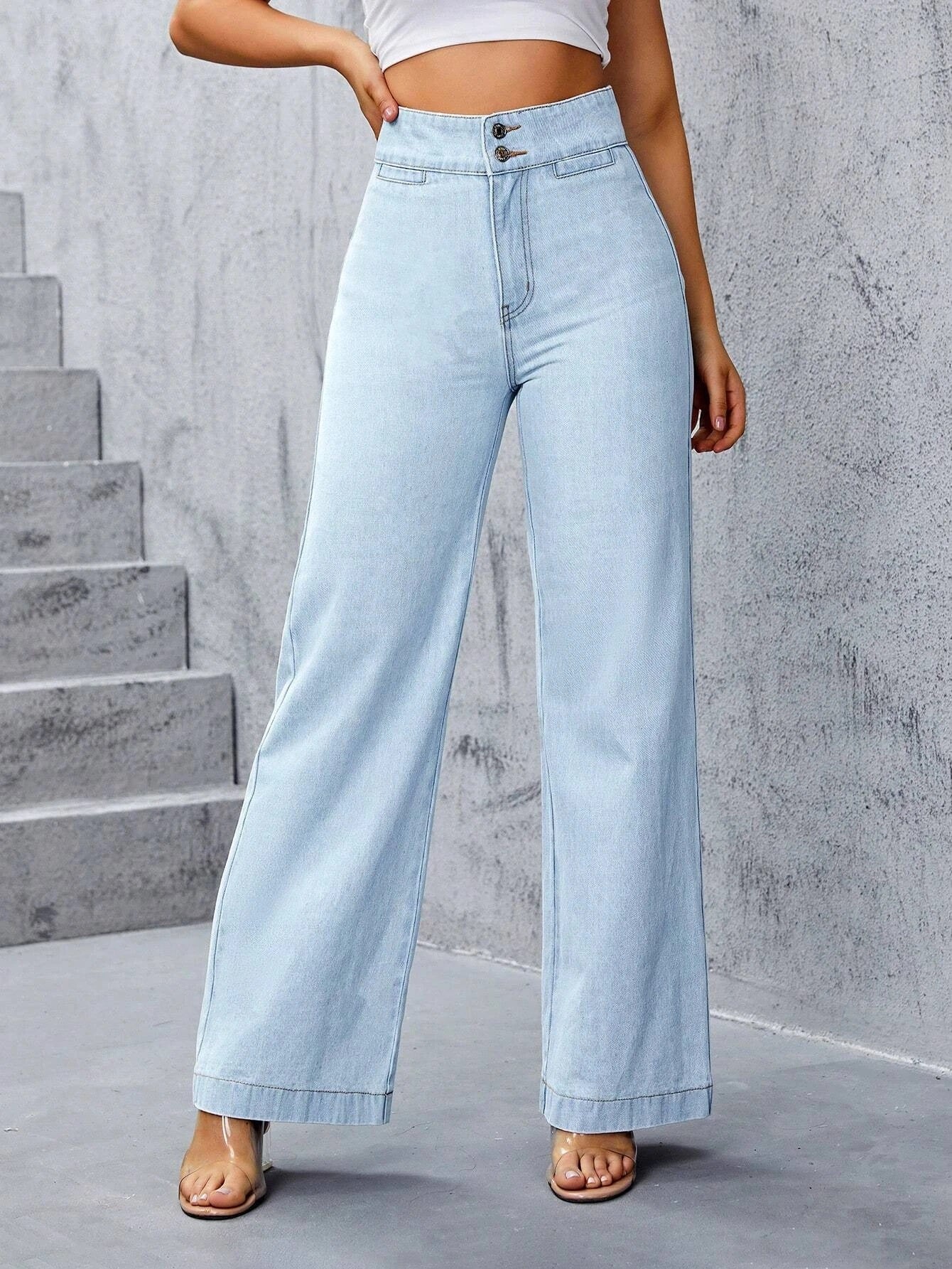 CM-BS791499 Women Preppy Seoul Style Light Wash High Waist Wide Leg Jeans