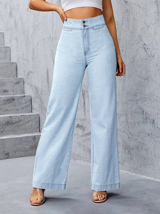 CM-BS791499 Women Preppy Seoul Style Light Wash High Waist Wide Leg Jeans
