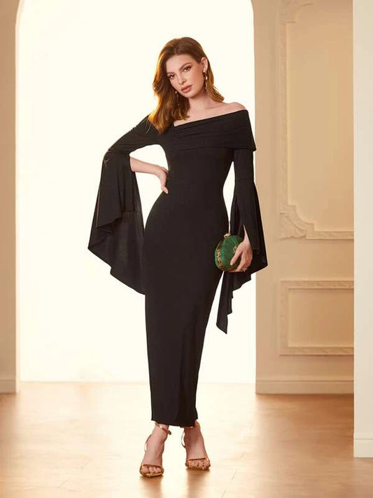 CM-DS463739 Women Elegant Seoul Style Asymmetric Neck Trumpet Sleeve Slit Back Dress