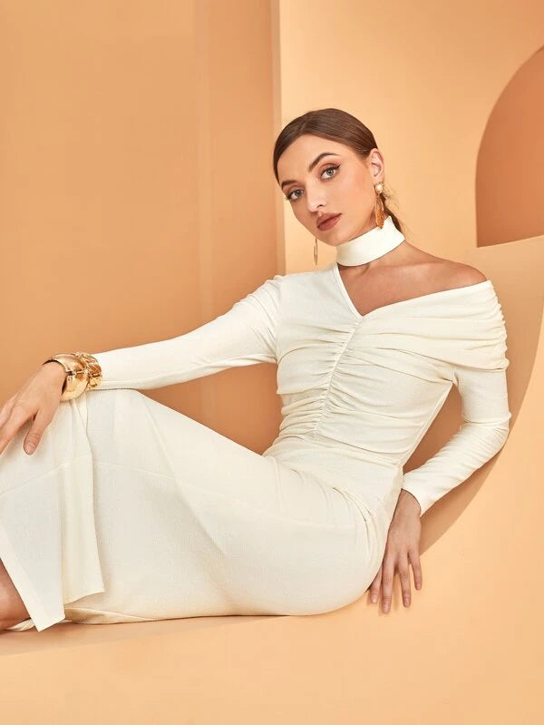 CM-DS965442 Women Elegant Seoul Style Asymmetrical Neck Ruched Split Back Dress - Beige