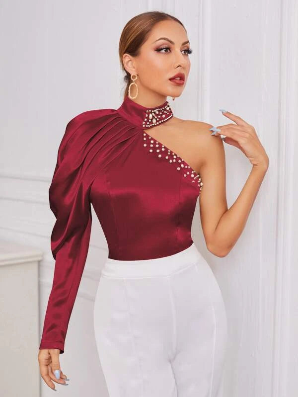 CM-TS077643 Women Elegant Seoul Style Satin Leg-of-mutton Sleeve Pearls Blouse - Burgundy