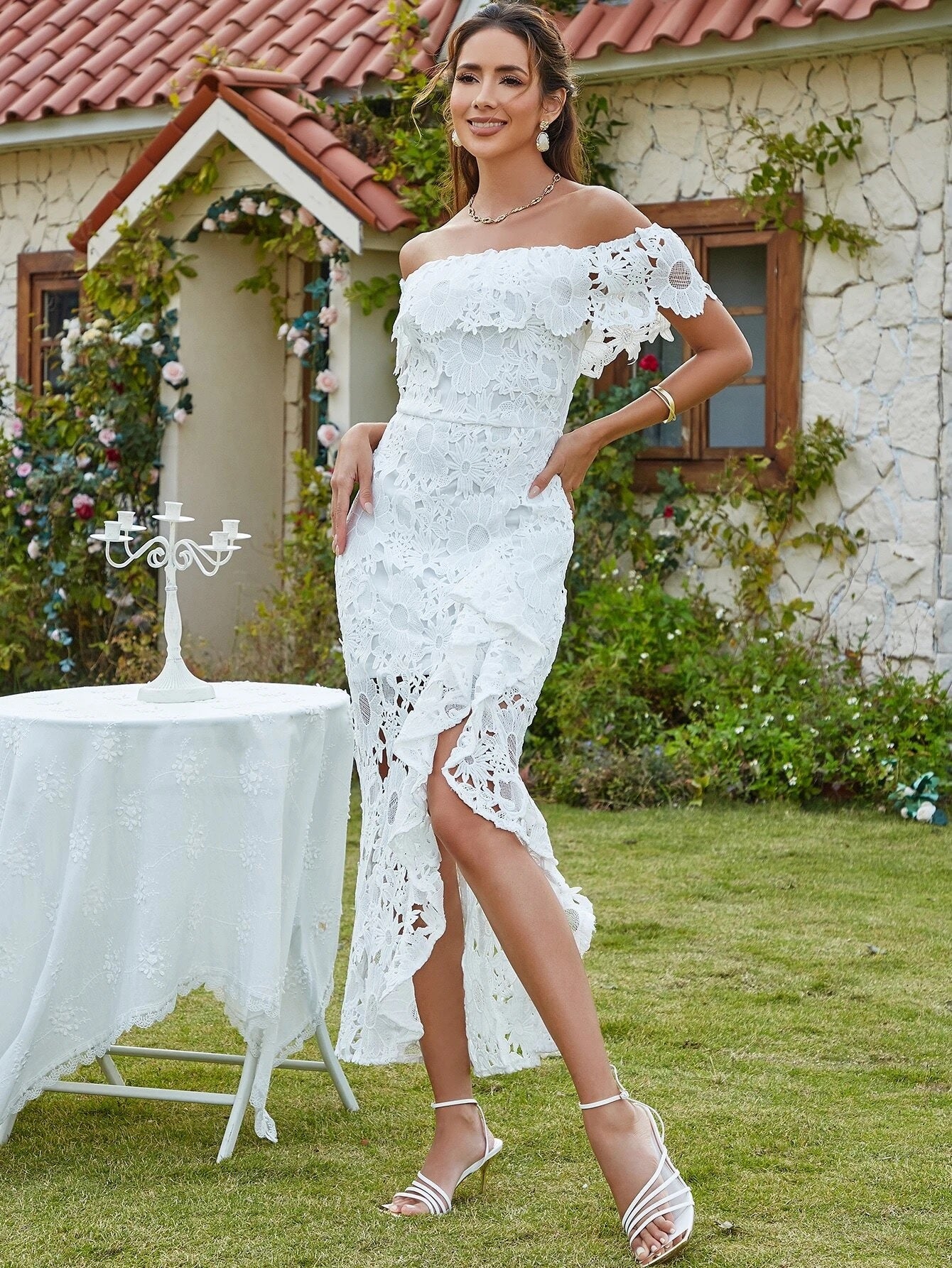 CM-DS520727 Women Elegant Seoul Style Off Shoulder Ruffle Trim Split Thigh Lace Dress - White