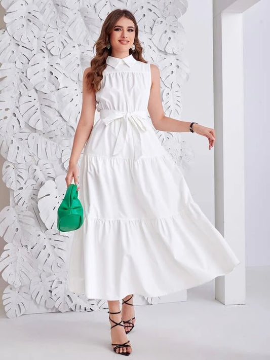 CM-DS863126 Women Casual Seoul Style Sleeveless Keyhole Back Ruffle Hem Belted Dress