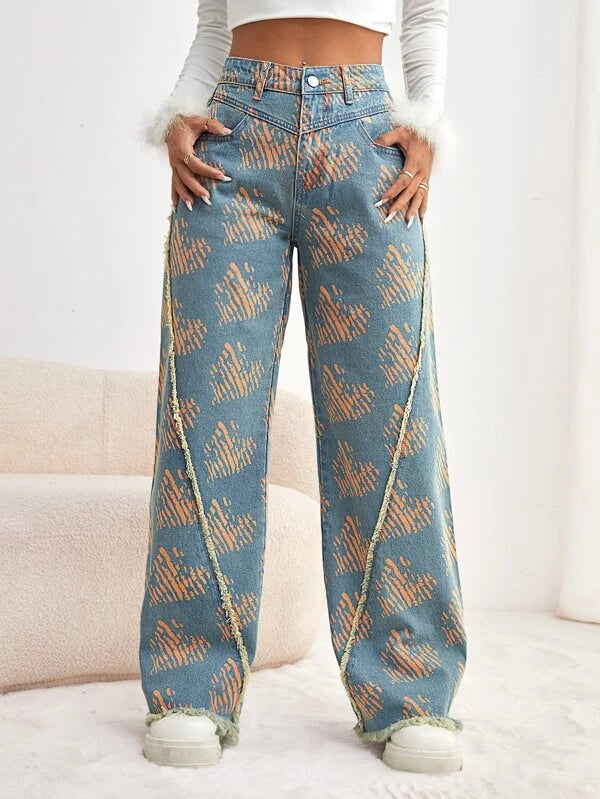 CM-BS199133 Women Preppy Seoul Style Heart Print Raw Hem Wide Leg Jeans