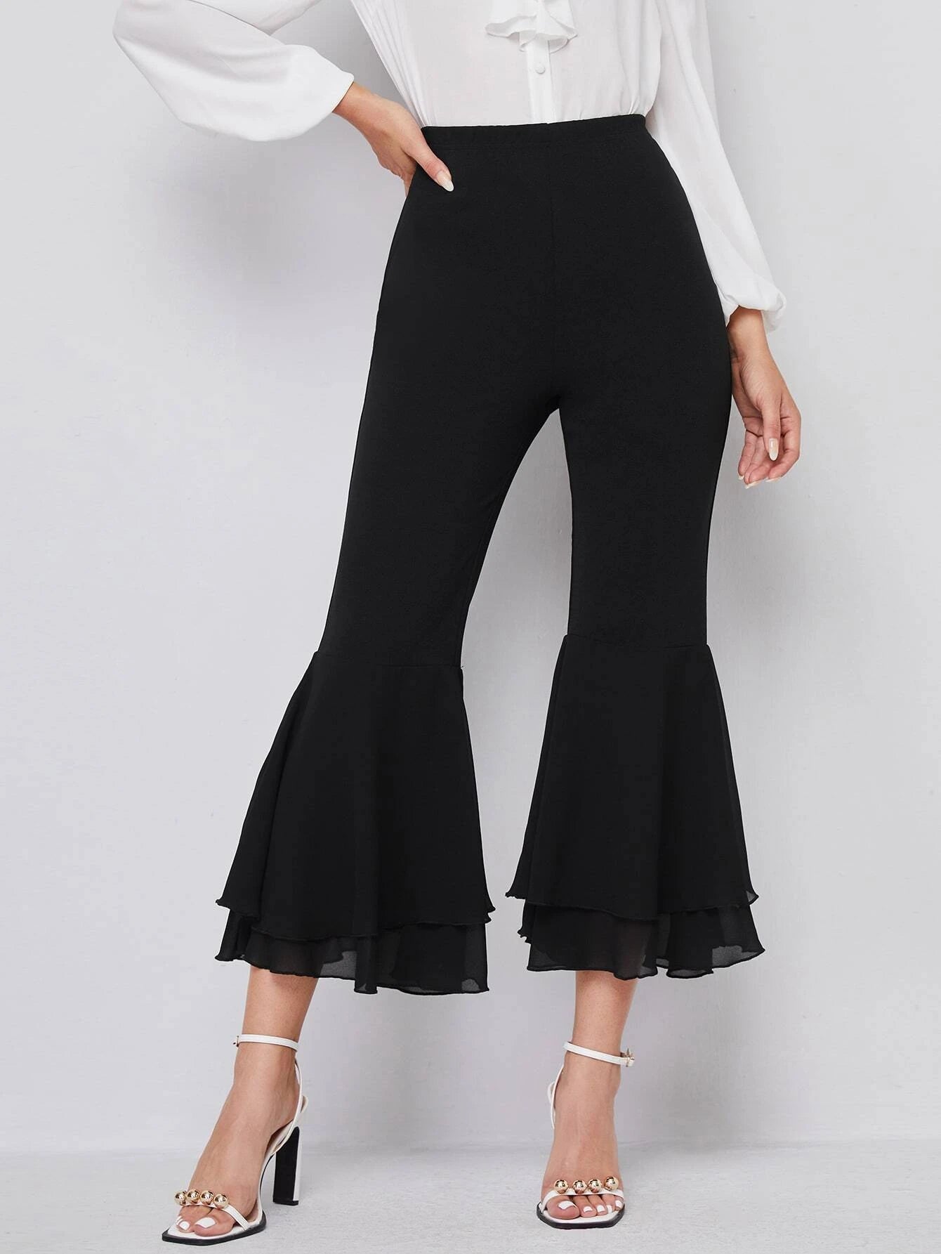 CM-BS518718 Women Elegant Seoul Style Elastic Waist Flare Leg Crop Pants - Black