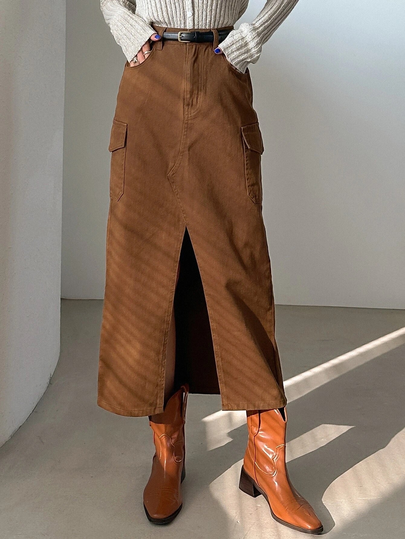 CM-BS080390 Women Casual Seoul Style High Waist Split Thigh Denim Skirt - Coffee Brown
