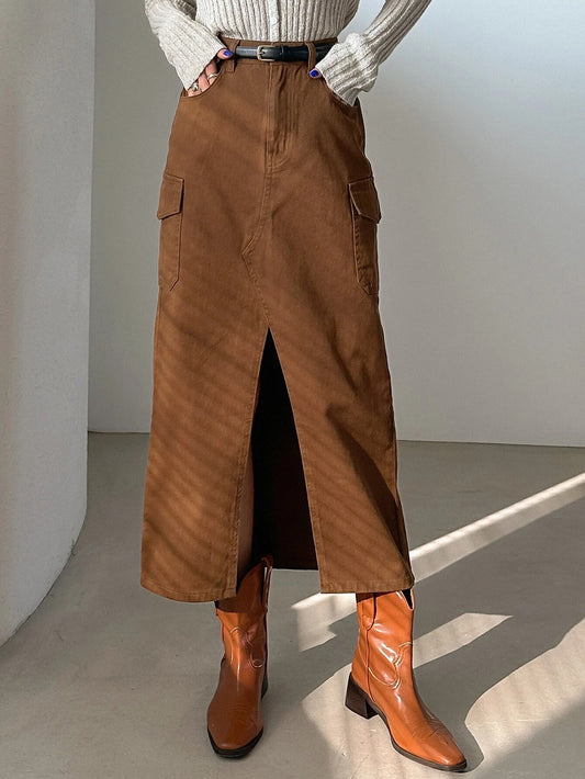 CM-BS080390 Women Casual Seoul Style High Waist Split Thigh Denim Skirt - Coffee Brown