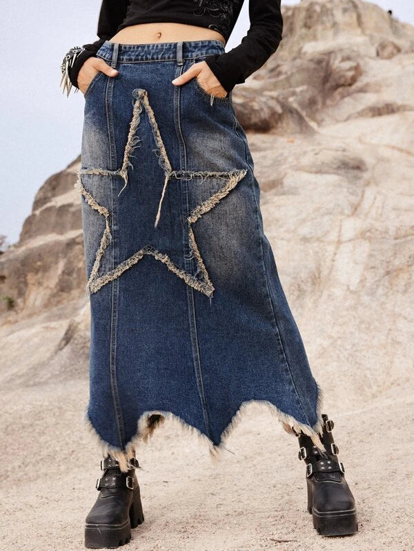 CM-BS457511 Women Preppy Seoul Style Punk Star Pattern Raw Hem Slant Pocket Denim Skirt