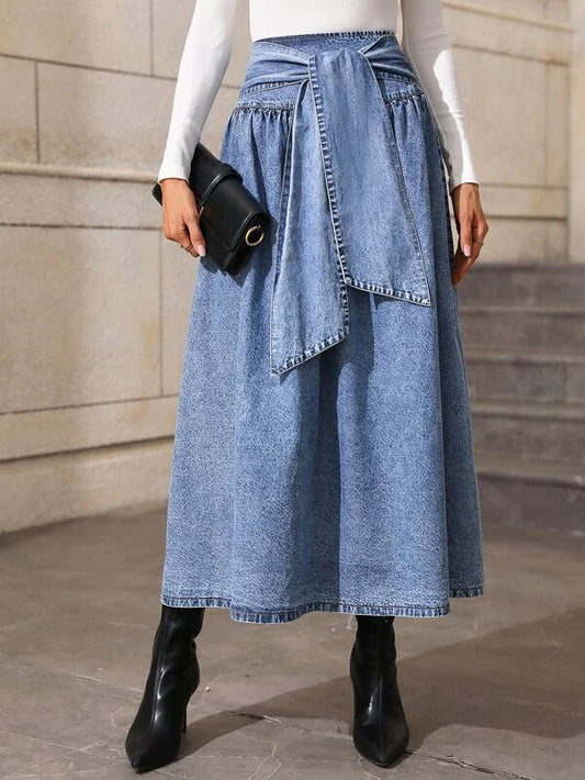 CM-BS742972 Women Casual Seoul Style Light Wash High Waist Tie Front Denim Skirt