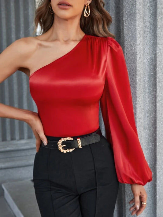 CM-TS318501 Women Elegant Seoul Style One Shoulder Lantern Sleeve Blouse - Red