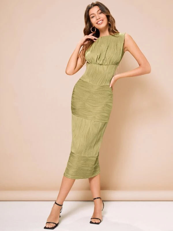 CM-DS150855 Women Elegant Seoul Style Sleeveless Textured Ruched Fitted Dress