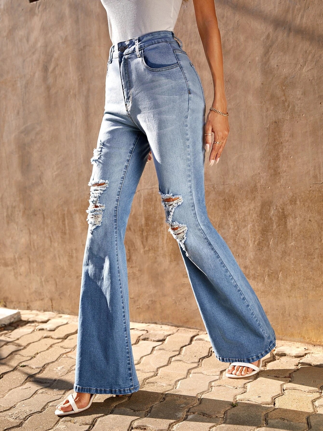 CM-BS388852 Women Casual Seoul Style Light Wash Ripped Flare Leg Jeans