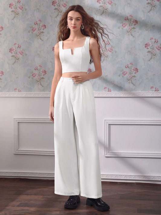 CM-SS624197 Women Elegant Seoul Style Solid Tank Top With Wide Leg Pants - Set