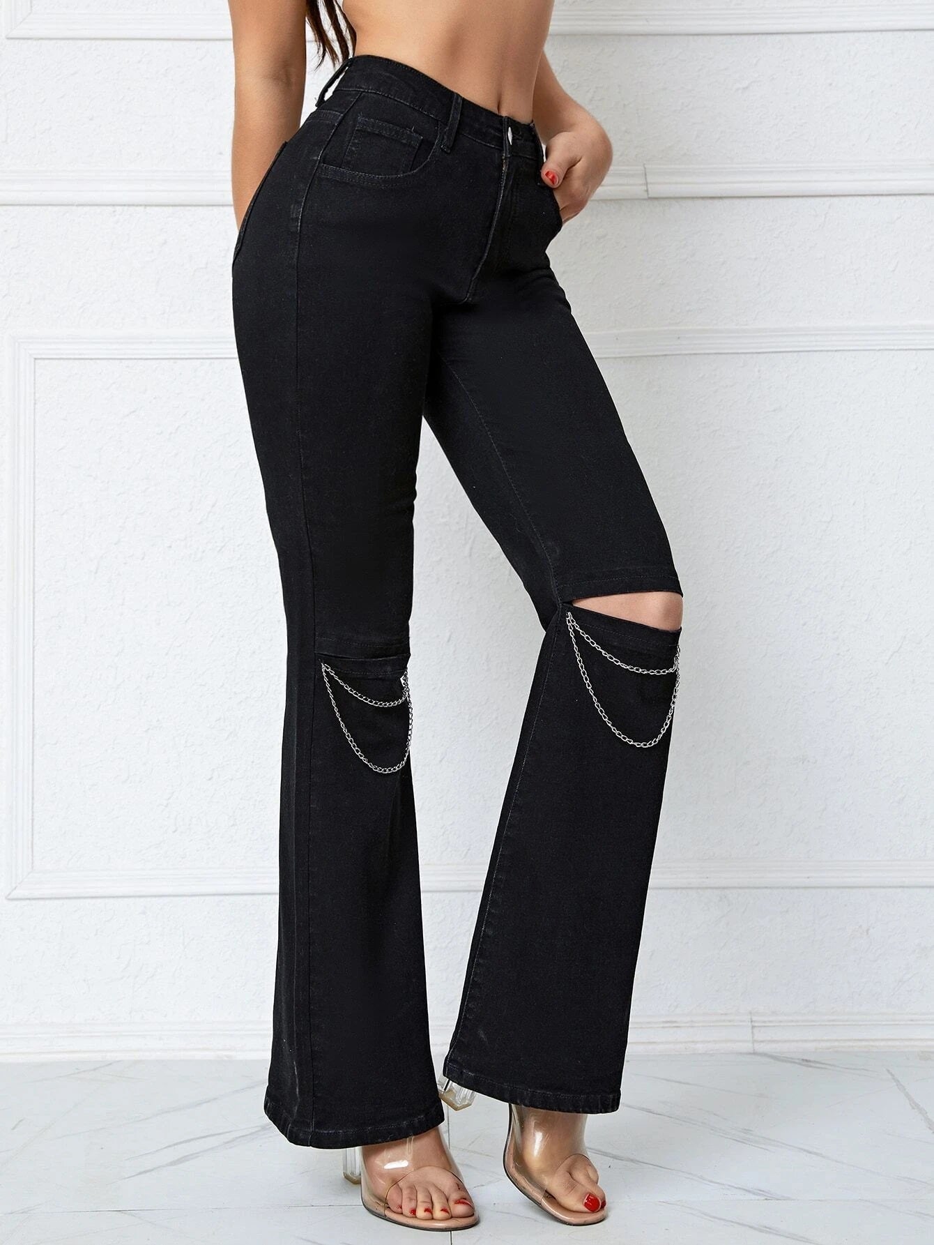 CM-BS201062 Women Preppy Seoul Style Chain Detail Flare Leg Jeans - Black