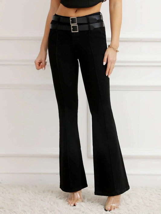 CM-BS191959 Women Preppy Seoul Style Flare Leg Belted Jeans - Black