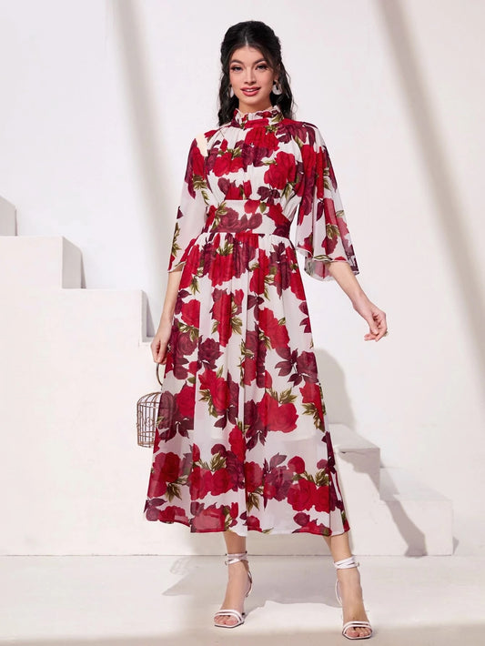 CM-DS861131 Women Trendy Bohemian Style Flounce Sleeve Floral Print Frill Neck Dress