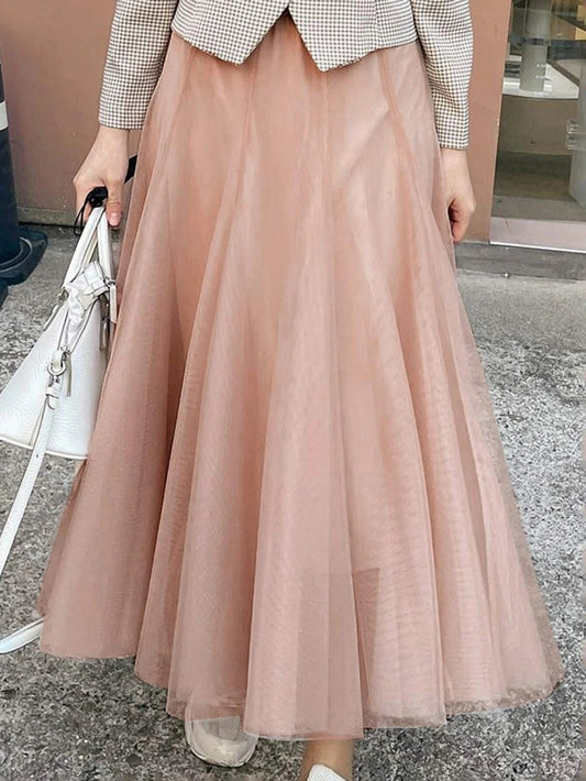 CM-BS872066 Women Trendy Seoul Style High Waist Solid Mesh Overlay Skirt - Coral Pink