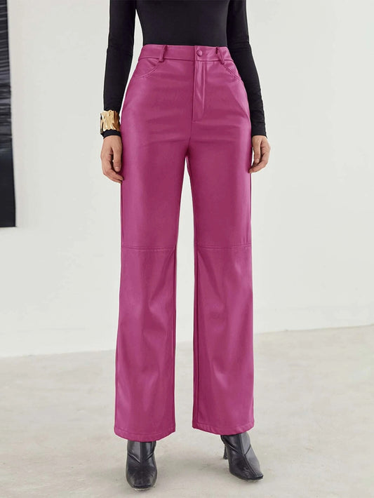 CM-BS237363 Women Elegant Seoul Style Zipper Fly Palazzo PU Pants - Hot Pink