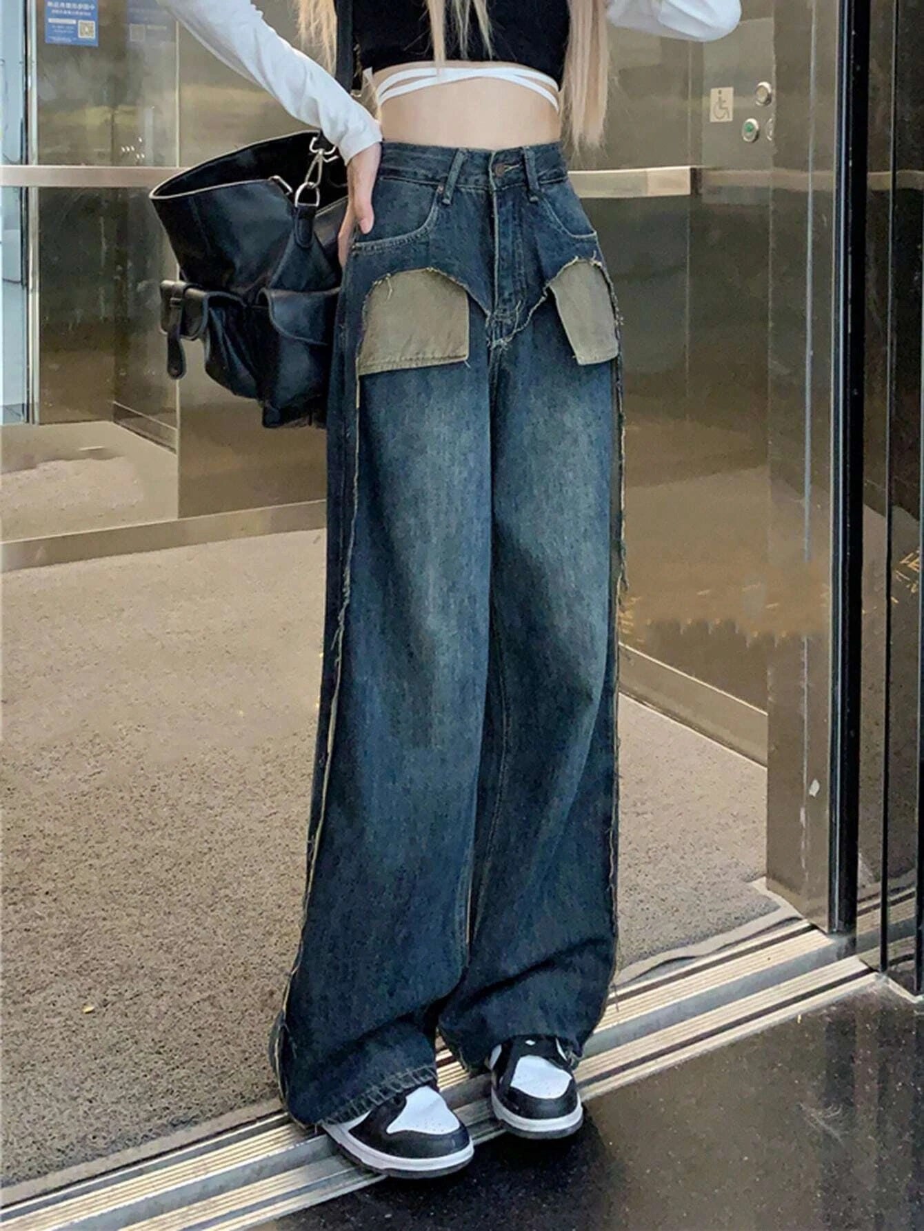 CM-BS927718 Women Preppy Seoul Style Contrast Panel Raw Hem Wide Leg Jeans