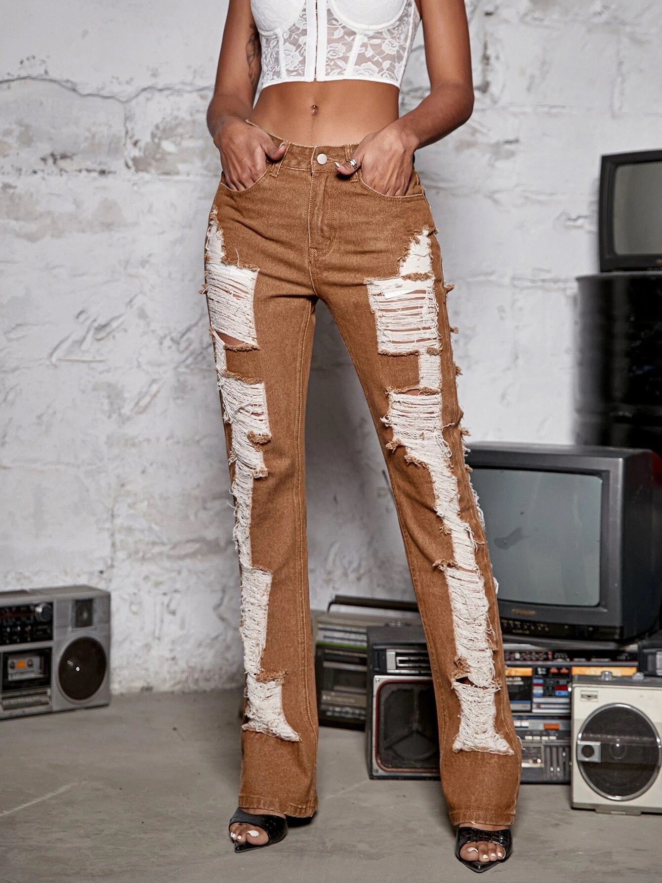 CM-BS356595 Women Preppy Seoul Style Street Slant Pocket Ripped Flare Leg Jeans - Ginger