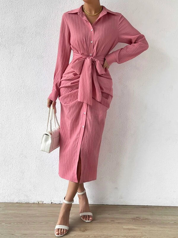 CM-DS543532 Women Elegant Seoul Style Long Sleeve Tie Front Shirt Dress - Pink