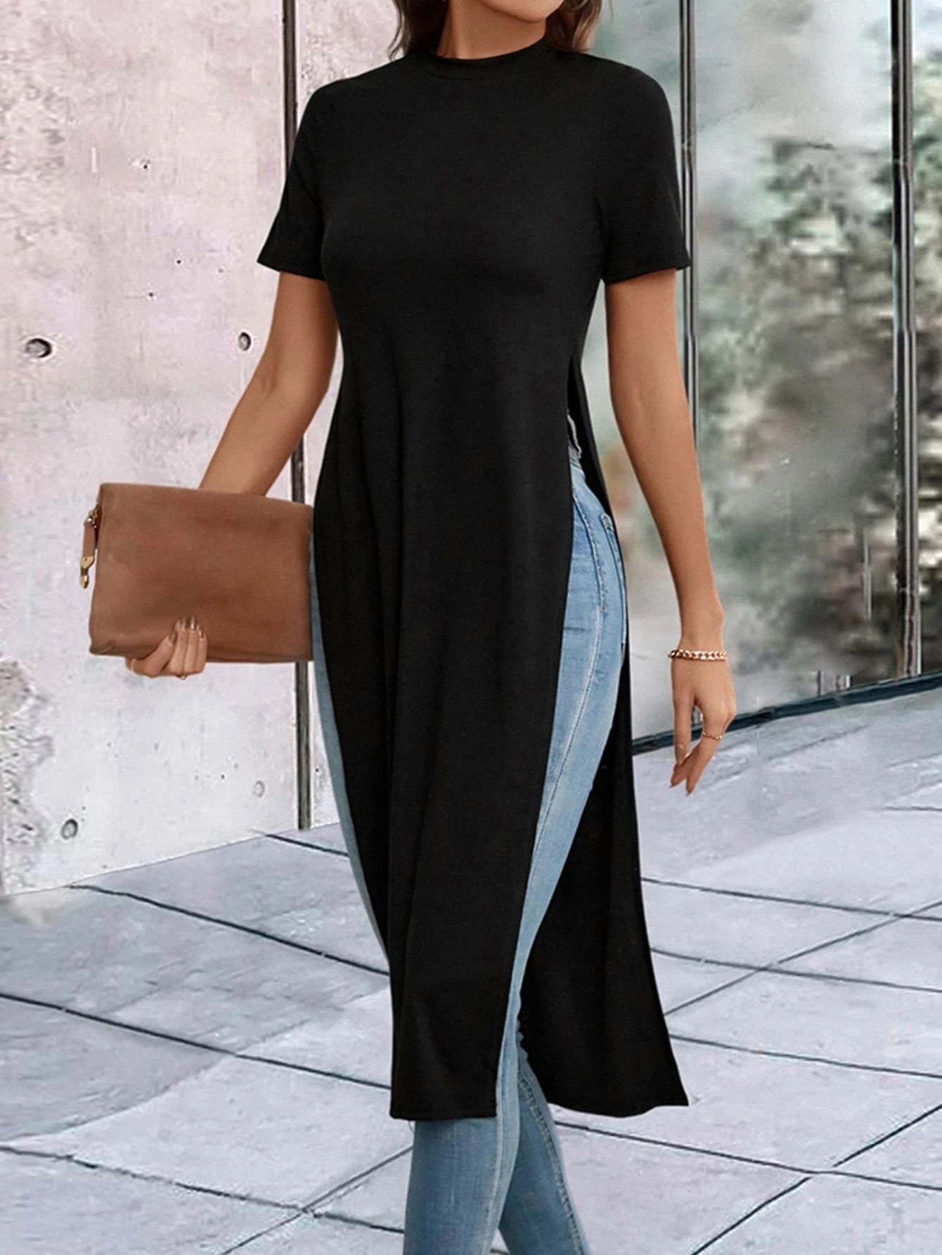 CM-TS127011 Women Casual Seoul Style Solid Split Thigh Longline Tee - Black