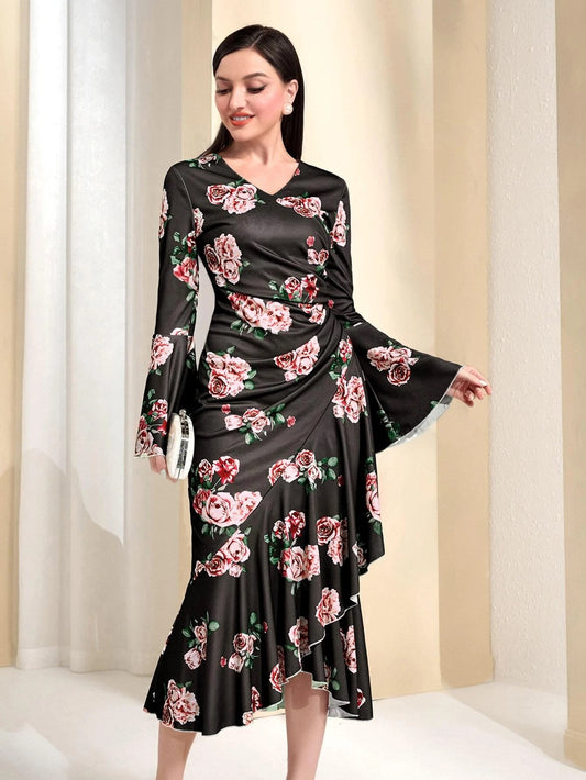 CM-DS991899 Women Elegant Seoul Style Floral Print Flounce Sleeve Ruched Ruffle Hem Dress