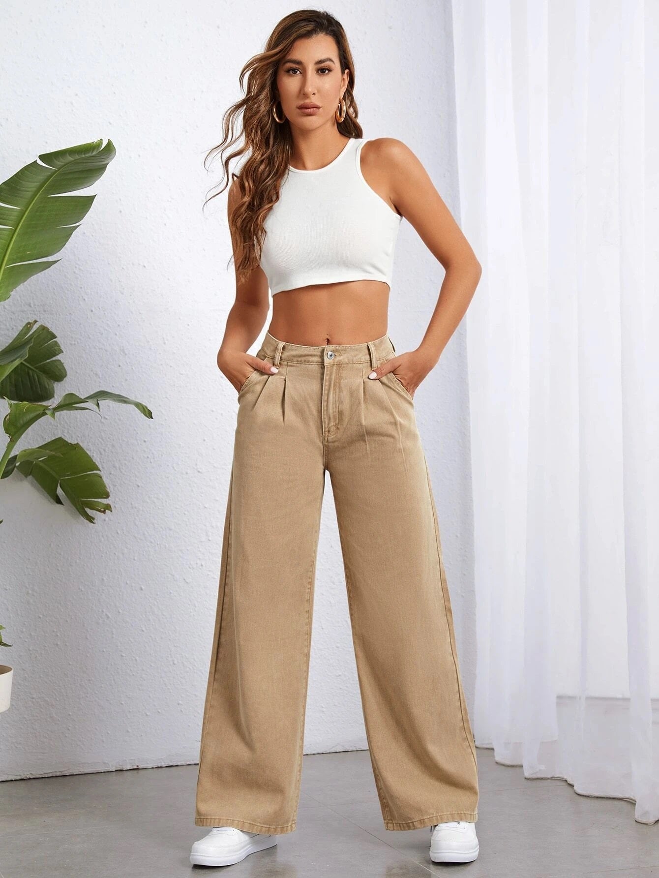 CM-BS001641 Women Preppy Seoul Style High Waist Wide Leg Jeans - Khaki
