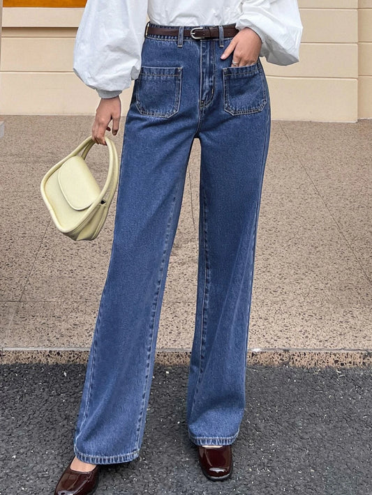 CM-BS672088 Women Casual Seoul Style High Waist Dual Pocket Straight Leg Jeans