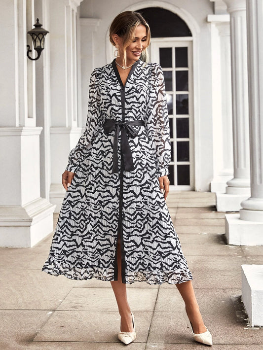 CM-DS909390 Women Elegant Seoul Style V-Neck Allover Print Belted Shirt Dress