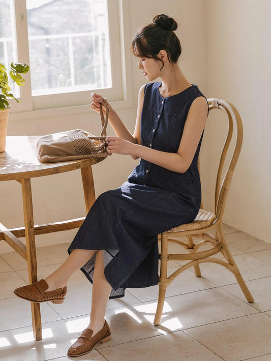 CM-DS916960 Women Casual Seoul Style Sleeveless Solid Button Front Denim Dress