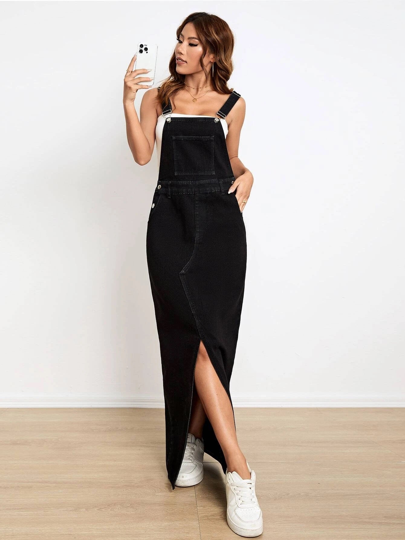 CM-DS883532 Women Preppy Seoul Style Slant Pocket Split Thigh Denim Overall Dress - Black