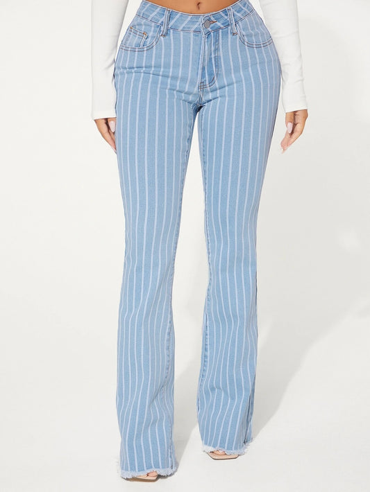 CM-BS342093 Women Preppy Seoul Style Light Wash Drop Waist Striped Pattern Flare Leg Jeans