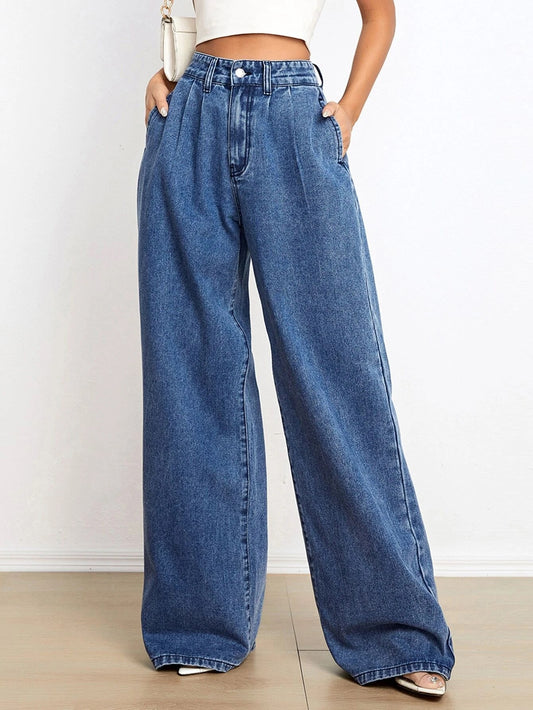 CM-BS350028 Women Casual Seoul Style Medium Wash Slant Pocket Wide Leg Jeans