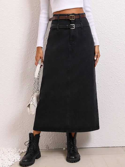 CM-BS179191 Women Preppy Seoul Style High Waist Belted Denim Skirt - Dark Gray