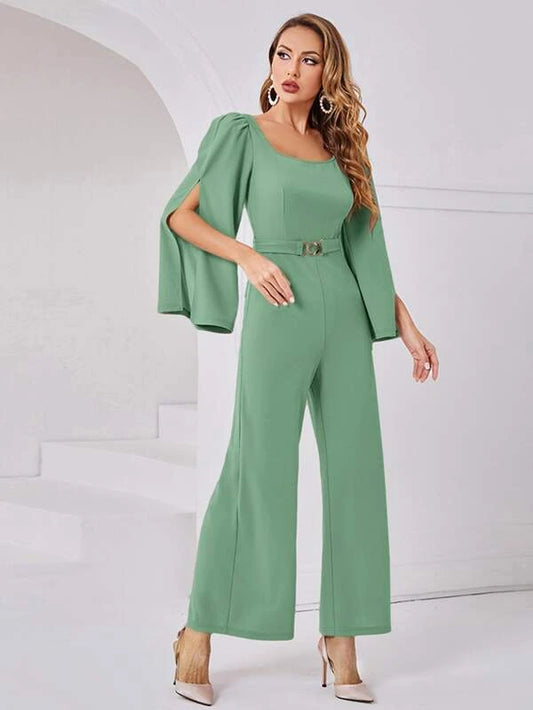CM-JS699739 Women Elegant Seoul Style Split Sleeve Wide Leg Belted Jumpsuit - Mint Green