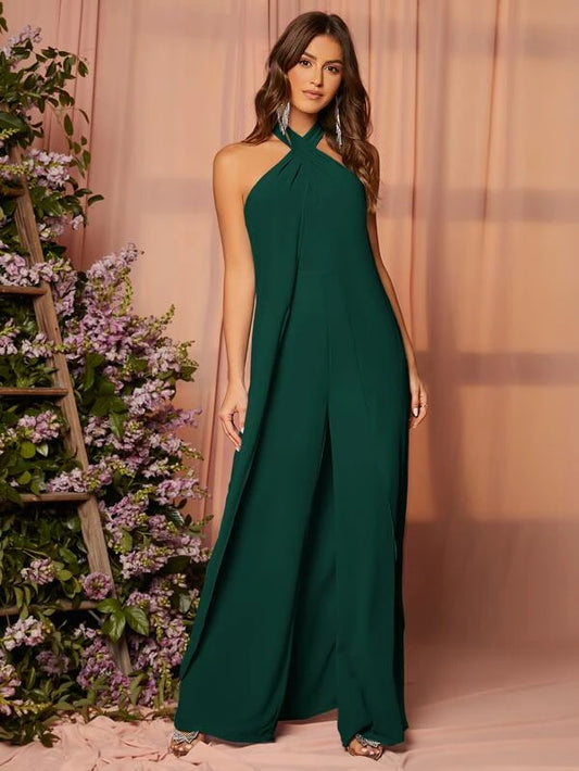 CM-JS583868 Women Elegant Seoul Style Open Back Draped Detail Jumpsuit - Dark Green