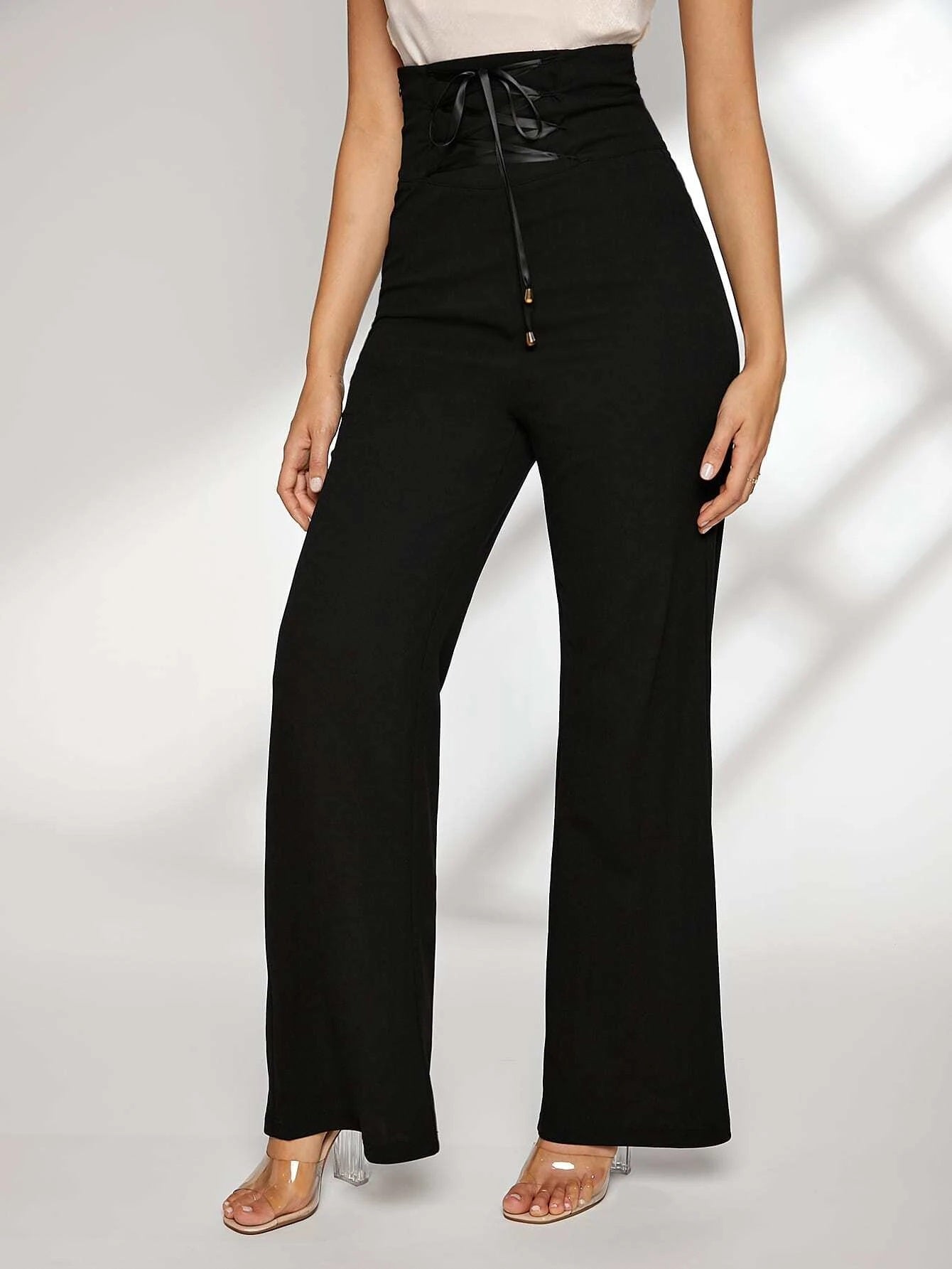 CM-BS521764 Women Elegant Seoul Style Lace Up Wide Waistband Palazzo Pants - Black