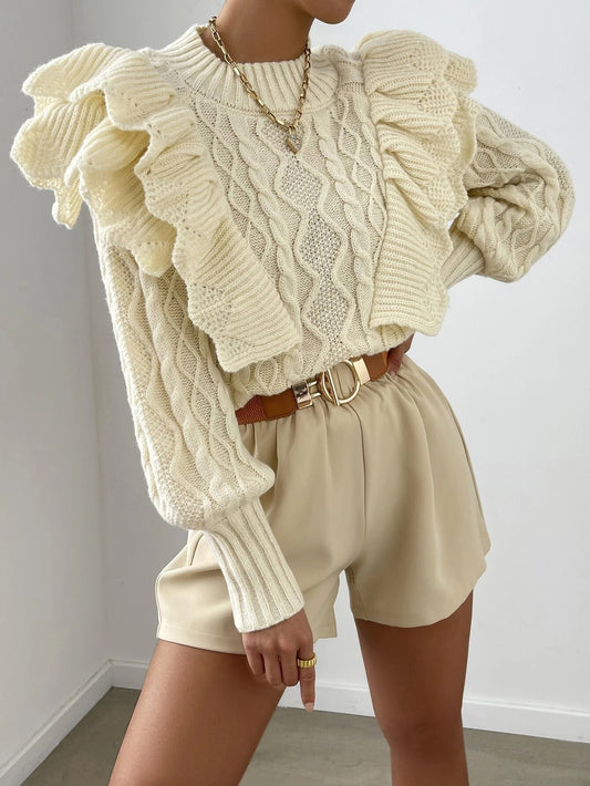CM-CS500985 Women Casual Seoul Style Cable Knit Ruffle Trim Lantern Sleeve Sweater - Beige
