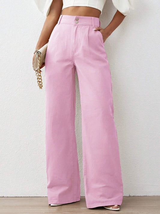 CM-BS191594 Women Preppy Seoul Style Solid High Waist Wide Leg Jeans - Pink