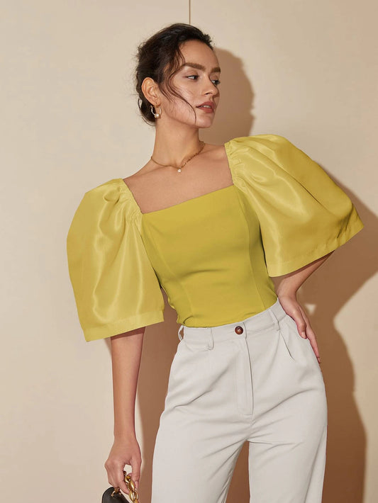 CM-TS744664 Women Elegant Seoul Style Square Neck Puff Sleeve Blouse - Mustard Yellow