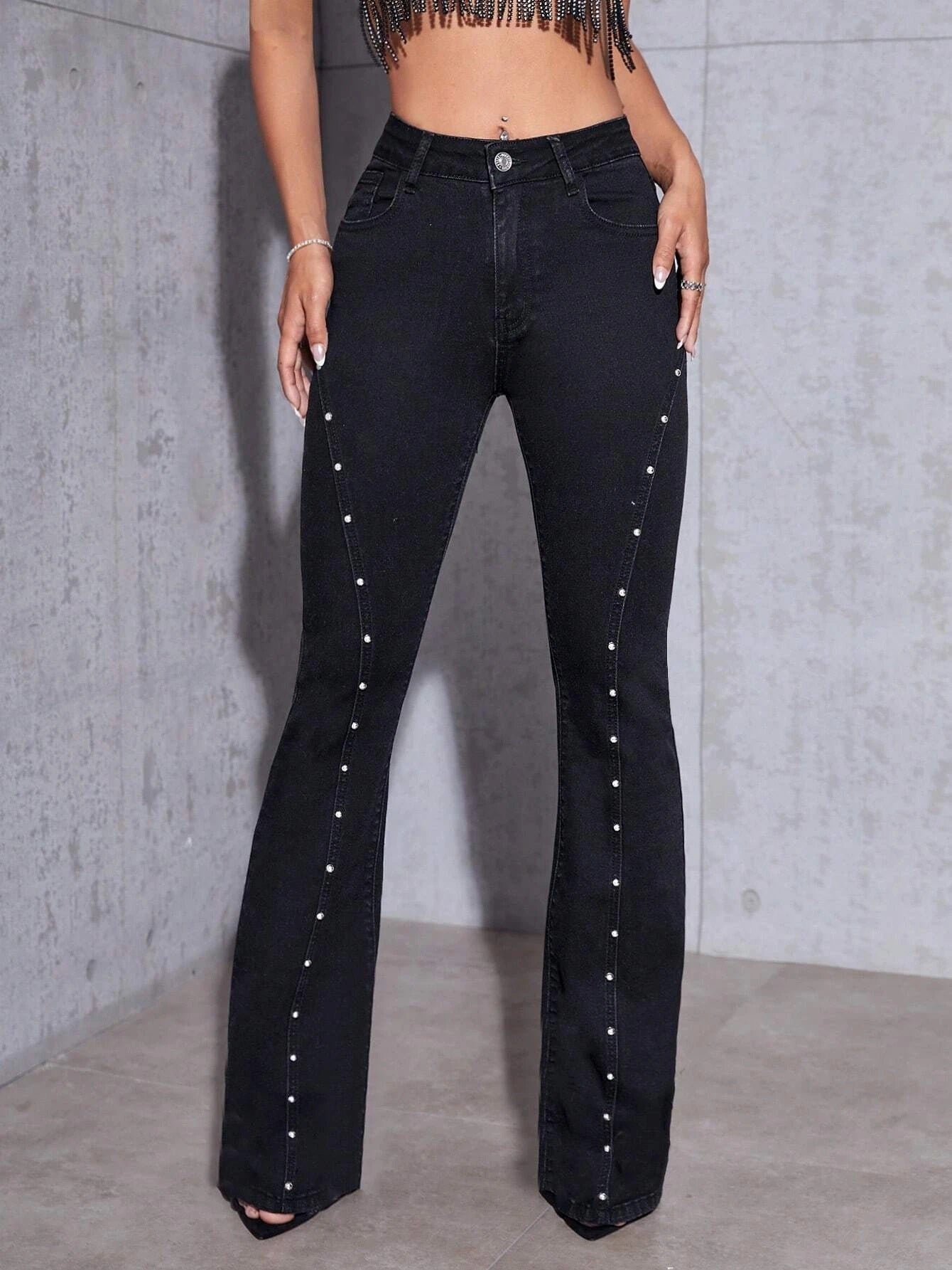 CM-BS754545 Women Preppy Seoul Style Pearls Beaded Flare Leg Jeans - Black