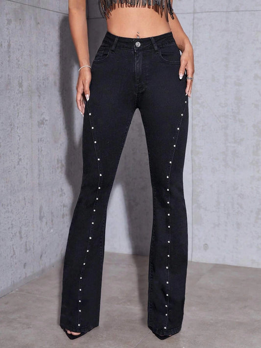 CM-BS754545 Women Preppy Seoul Style Pearls Beaded Flare Leg Jeans - Black