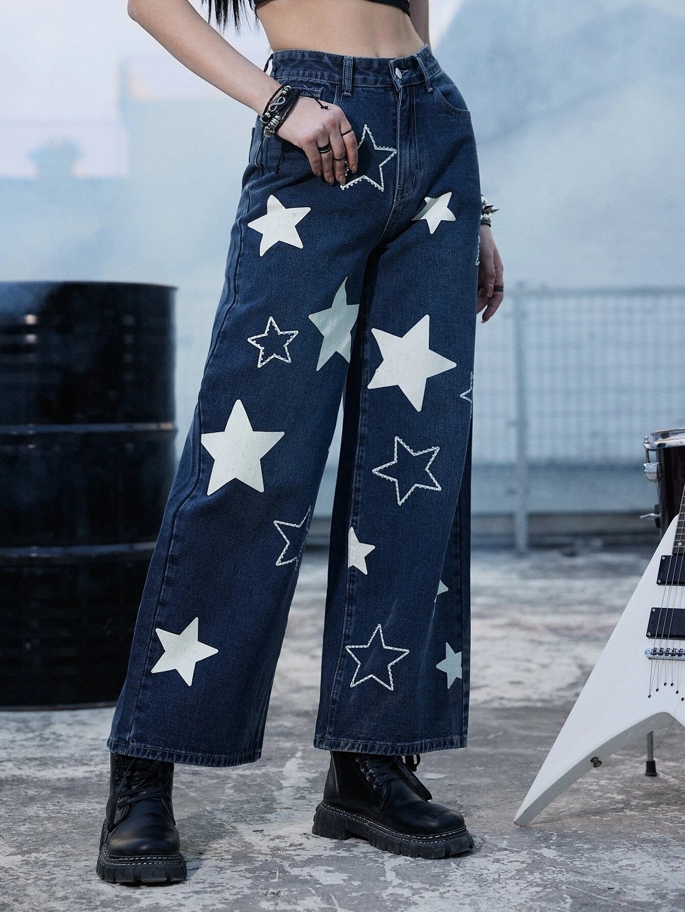 CM-BS555785 Women Preppy Seoul Style Dark Wash Star Print Wide Leg Jeans